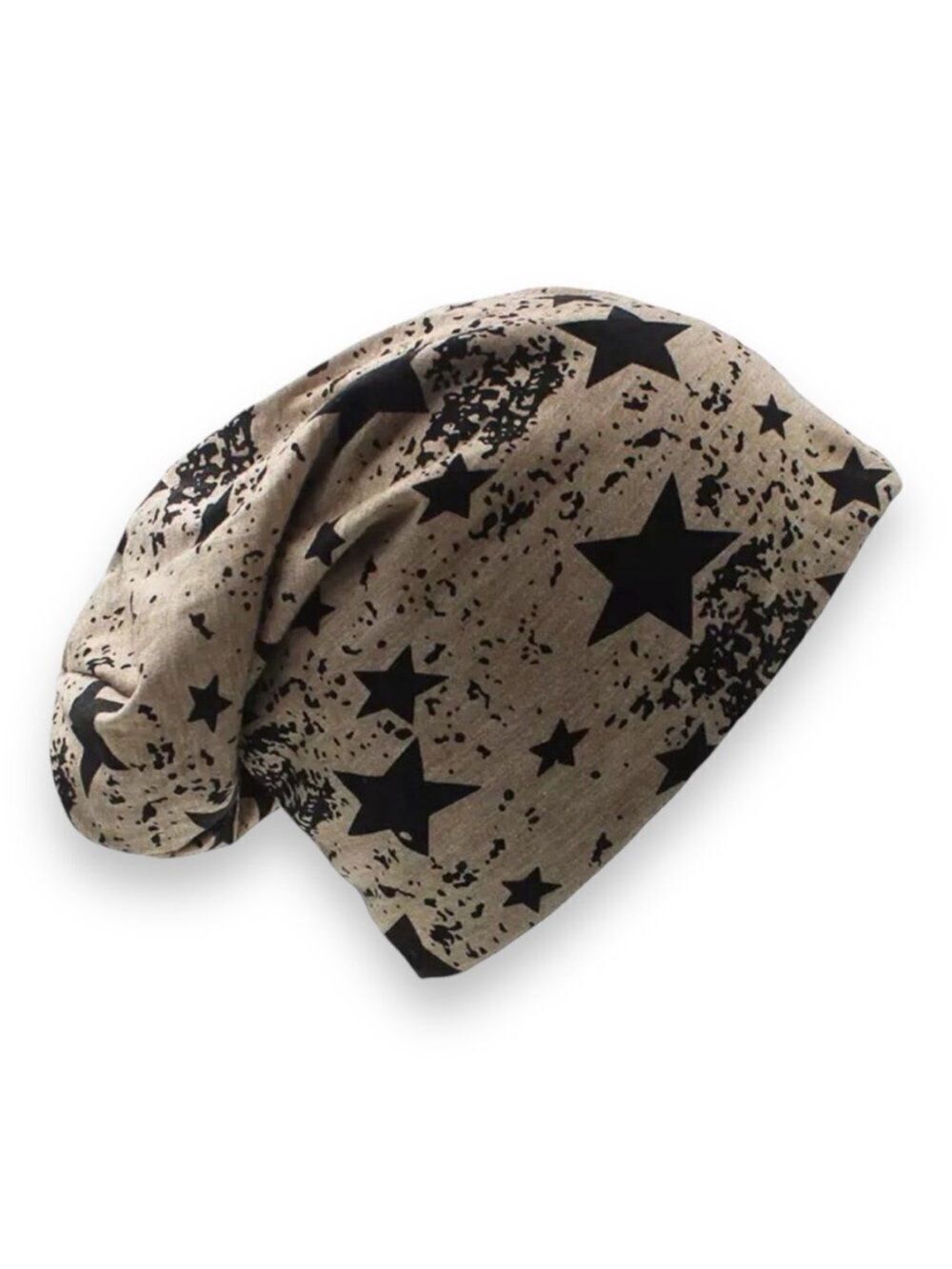 Tan Black Star Print Slouchy Beanie Hat Jersey Cotton